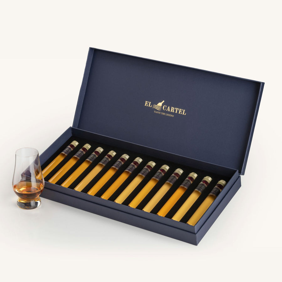 Open gift box with twelve whisky tubes, tasting booklet and tasting journal